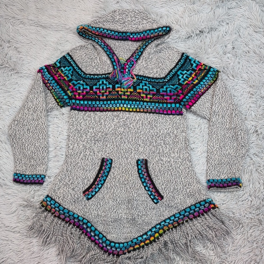Womens Sweatshirt Gray XS Aztec Southwestern Hoodie Lightweight Pocket Alpaca